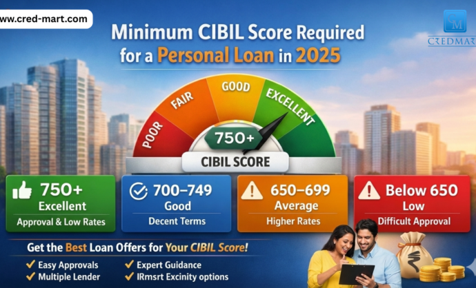 CredMart graphic showing minimum CIBIL score required for a personal loan in 2025 with approval ranges from below 650 to 750 plus.