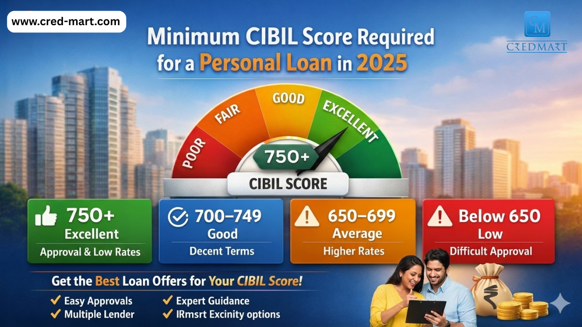 CredMart graphic showing minimum CIBIL score required for a personal loan in 2025 with approval ranges from below 650 to 750 plus.