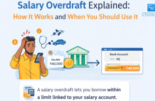 Illustration showing how a salary overdraft works, with a salaried person, bank, and overdraft limit linked to a salary account.