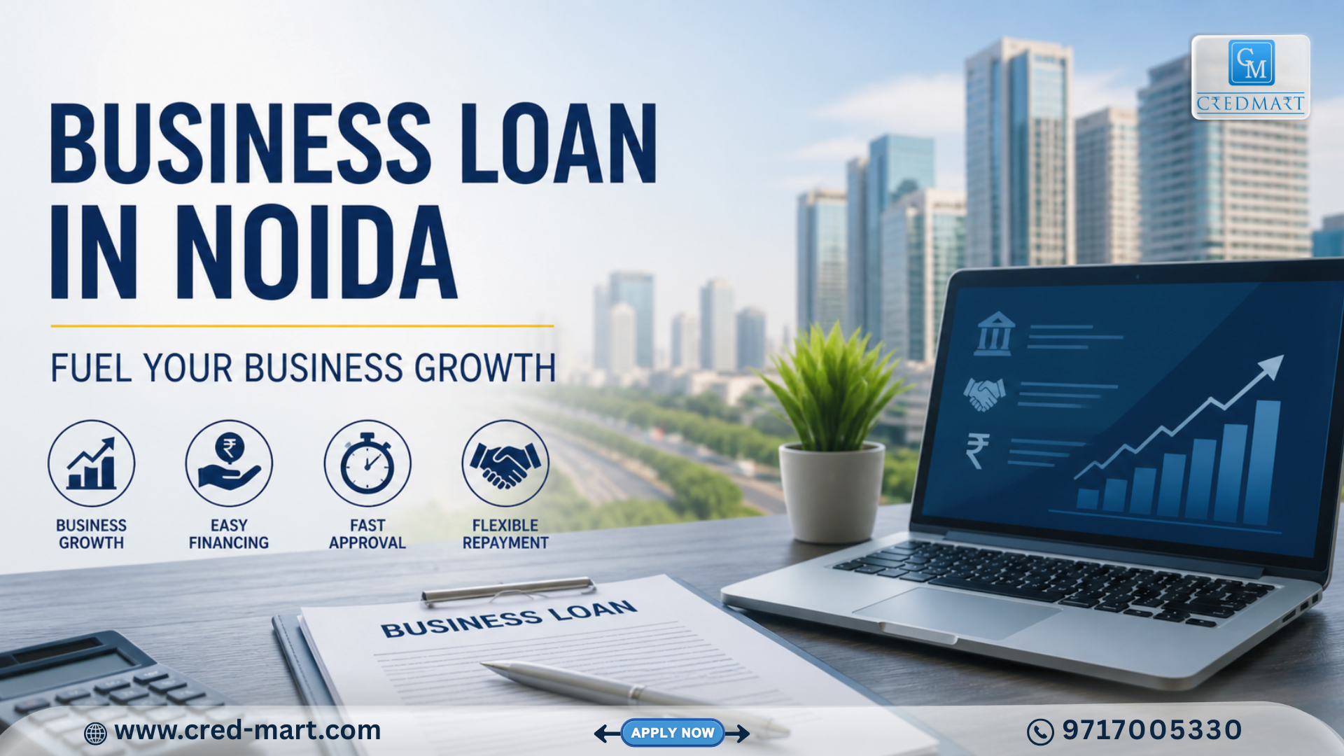 Business loan in Noida feature image showing business growth, funding solutions, and financial support for startups and MSMEs.