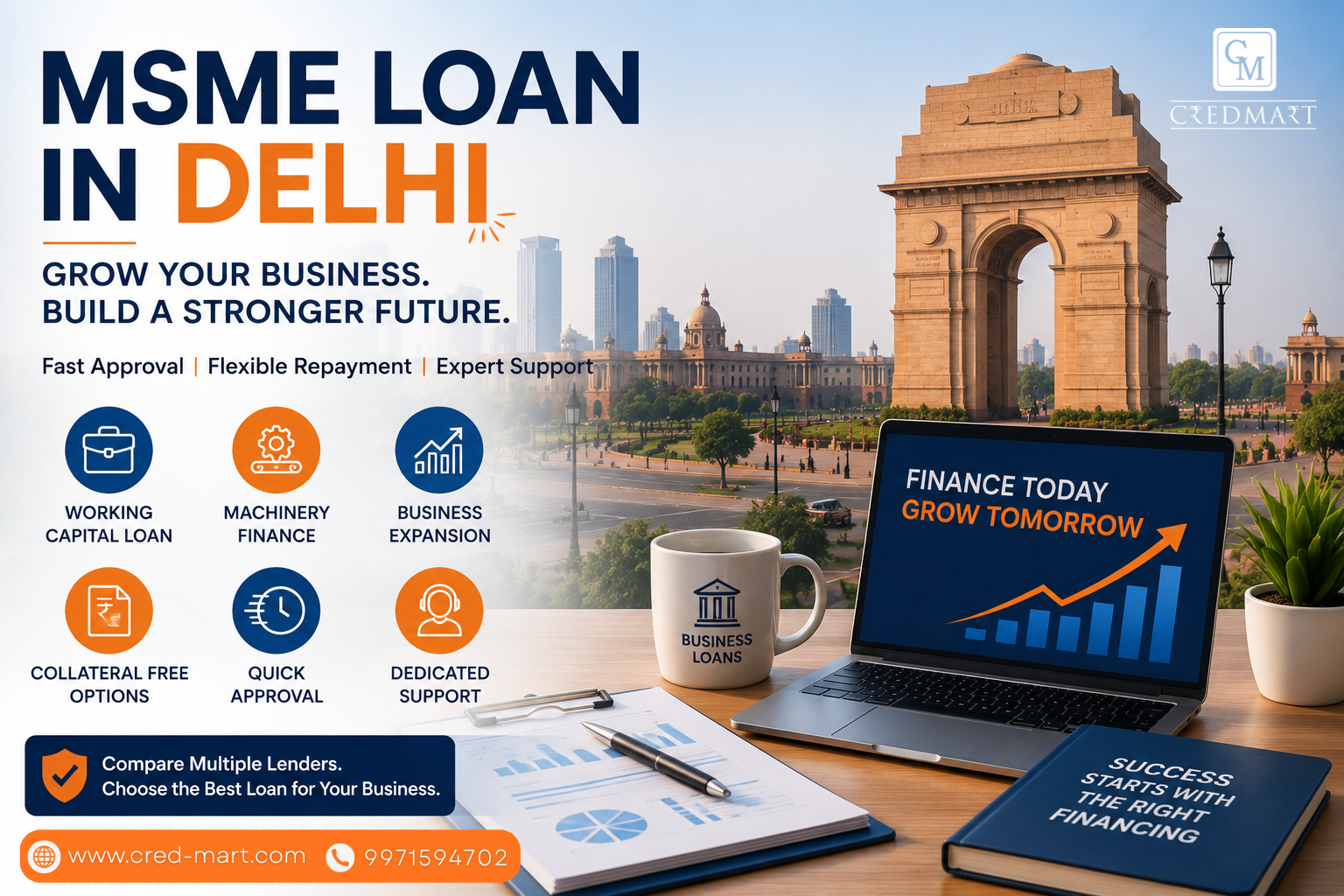 MSME Loan in Delhi with working capital finance, machinery loan, collateral-free business loan, and MSME funding solutions for startups, traders, manufacturers, and SMEs.